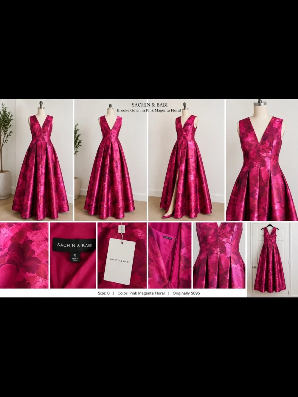 Sachin + Babi Pink Magenta Floral V-Neck Ball Gown - Picture 1 of 1